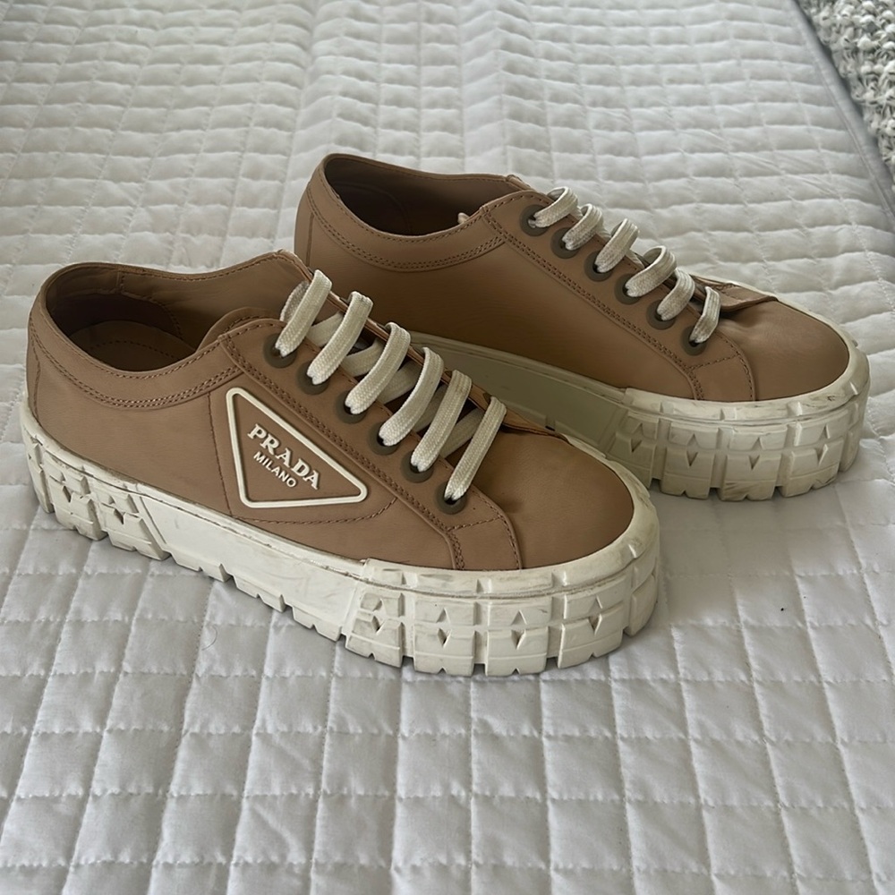 Prada Tan Leather Platform Sneakers with White Soles